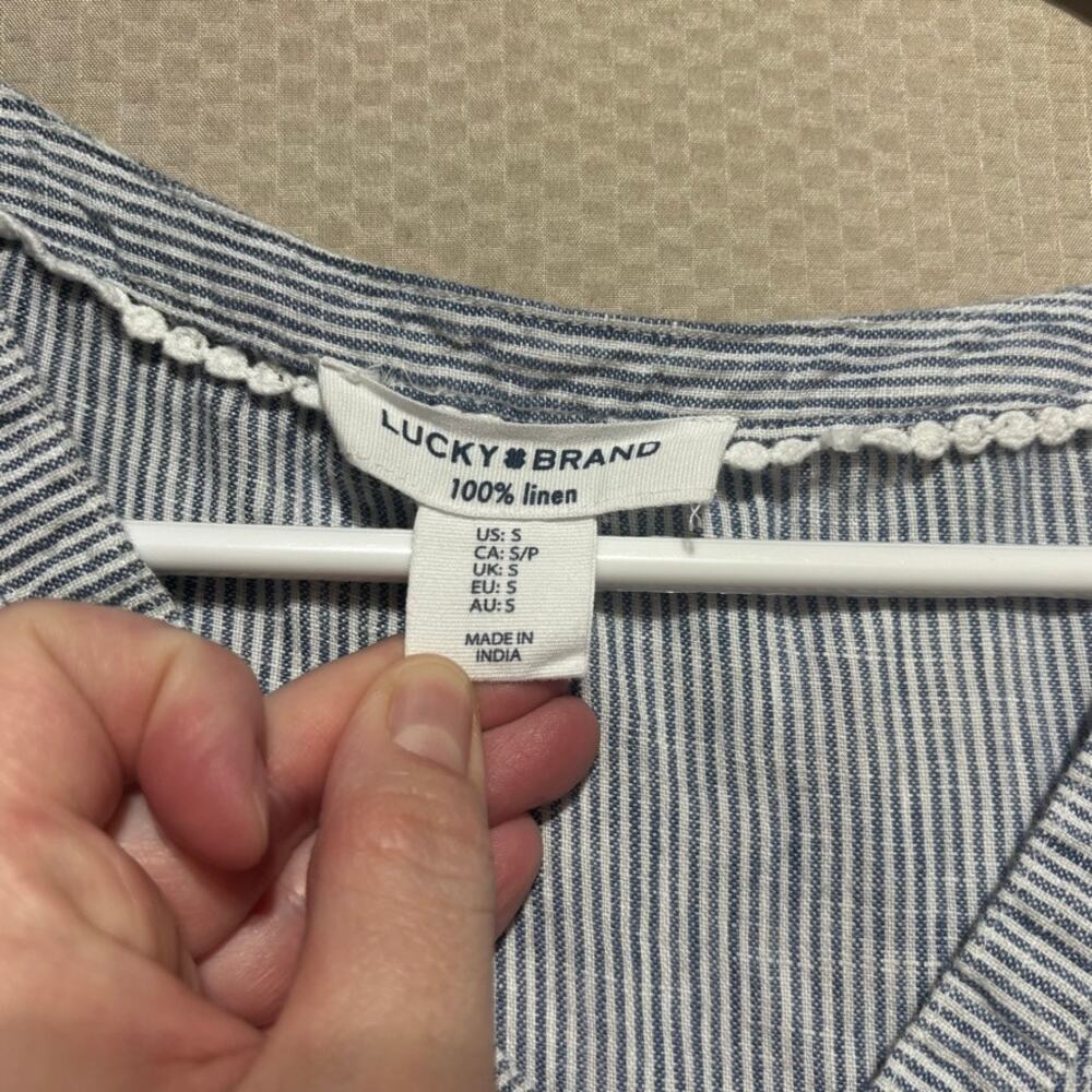 Lucky Brand 100% Linen Blue White Striped Sleeveless Tiered V-Neck Dress Size S - Picture 3 of 7